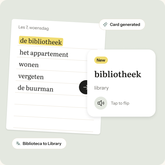 Een handgeschreven woordenlijst naast de flashcard die ervan is gemaakt.